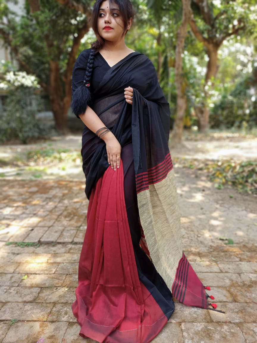 Black&maroon color Khaddi Cotton Saree With Blouse