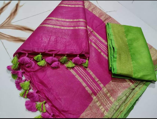 Pure Linen By Linen  Saree With Cantrast Blouse