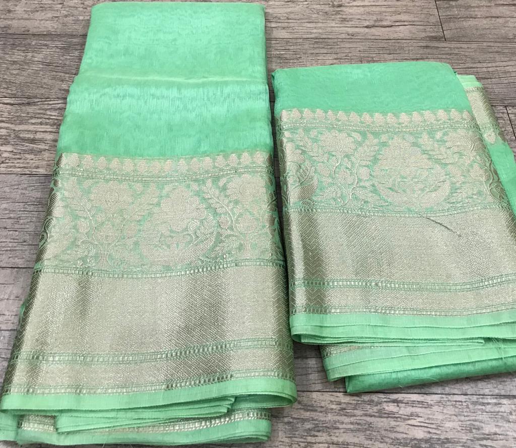 Pure Banarasi Linen Silk Border Saree With Blouse