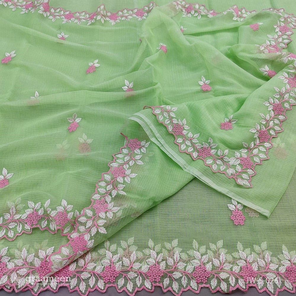 Kota Doria Embrodiery Work Saree With Blouse