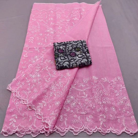 Kota Doria Embrodiery Work Saree With Blouse