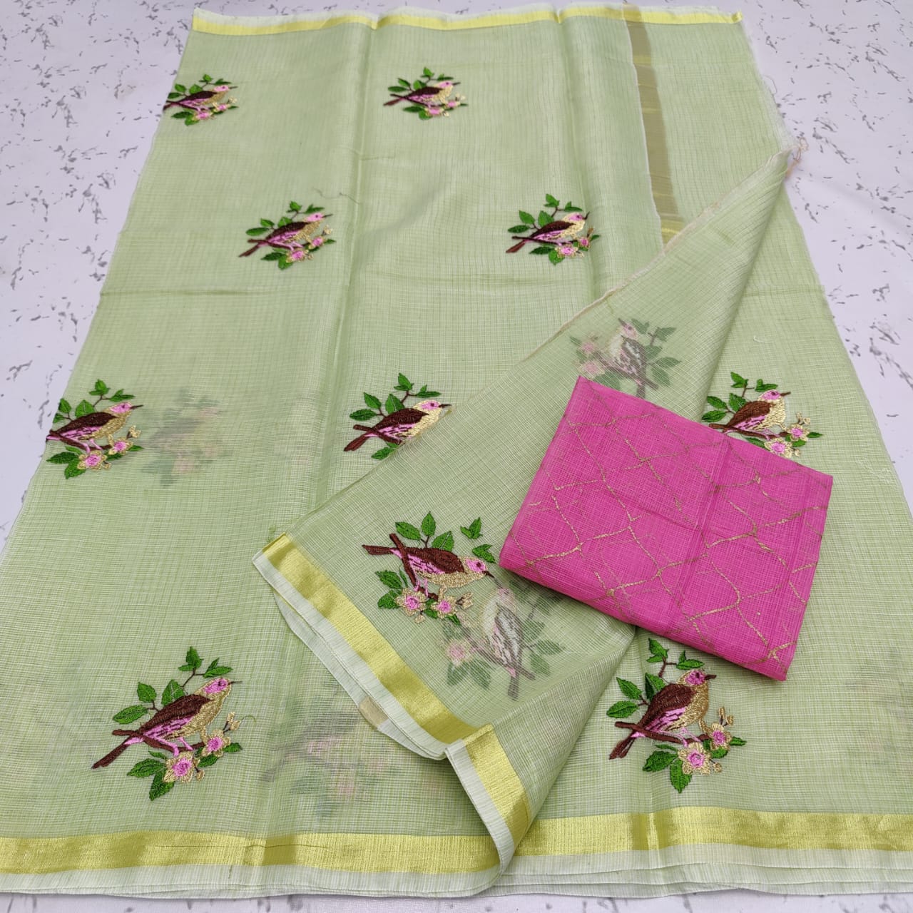 Kota-Doria Saree with Blouse and embroidery work