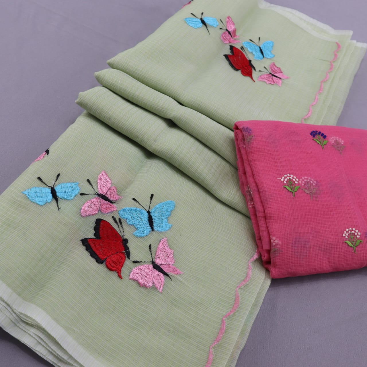 Kota-Doria Saree with Blouse and embroidery work