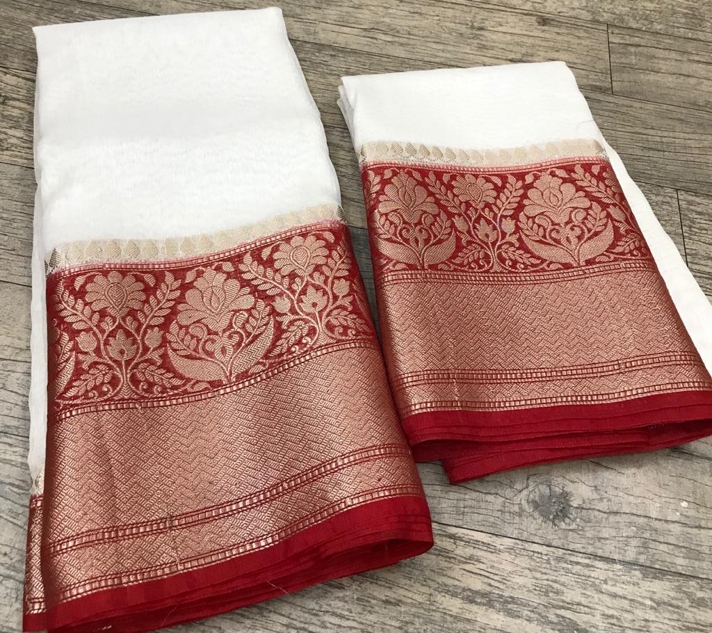 Pure Banarasi Linen Silk Border Saree With Blouse