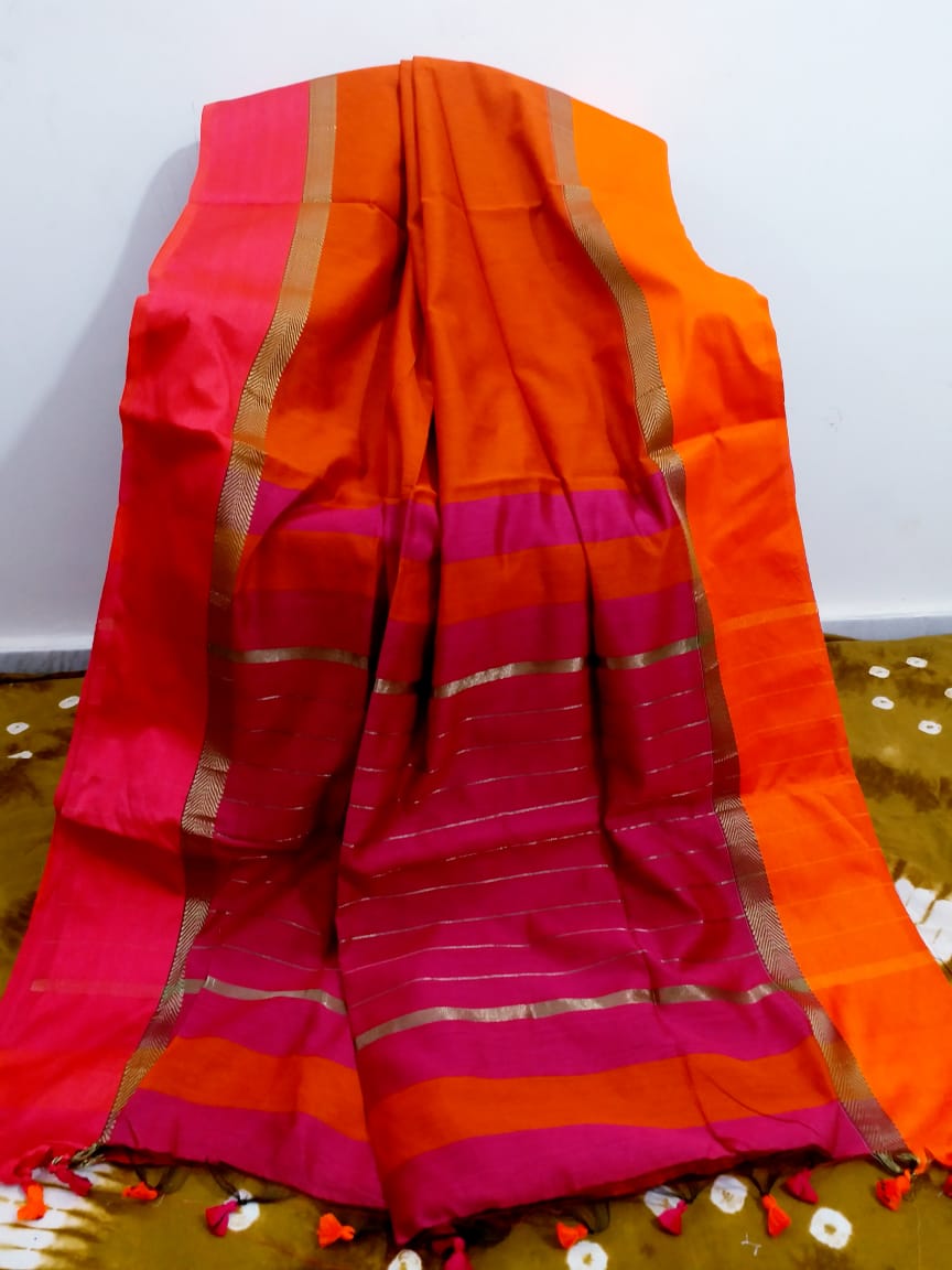 Pure Cotton Silk Handloom Silver Maheswari Design Saree With Jacquard Border ( Length- 6.3 Meter )