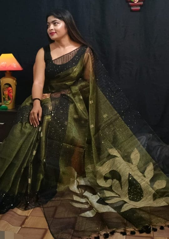 Pure moslin Tissue Jamdani Saree With Running Blouse