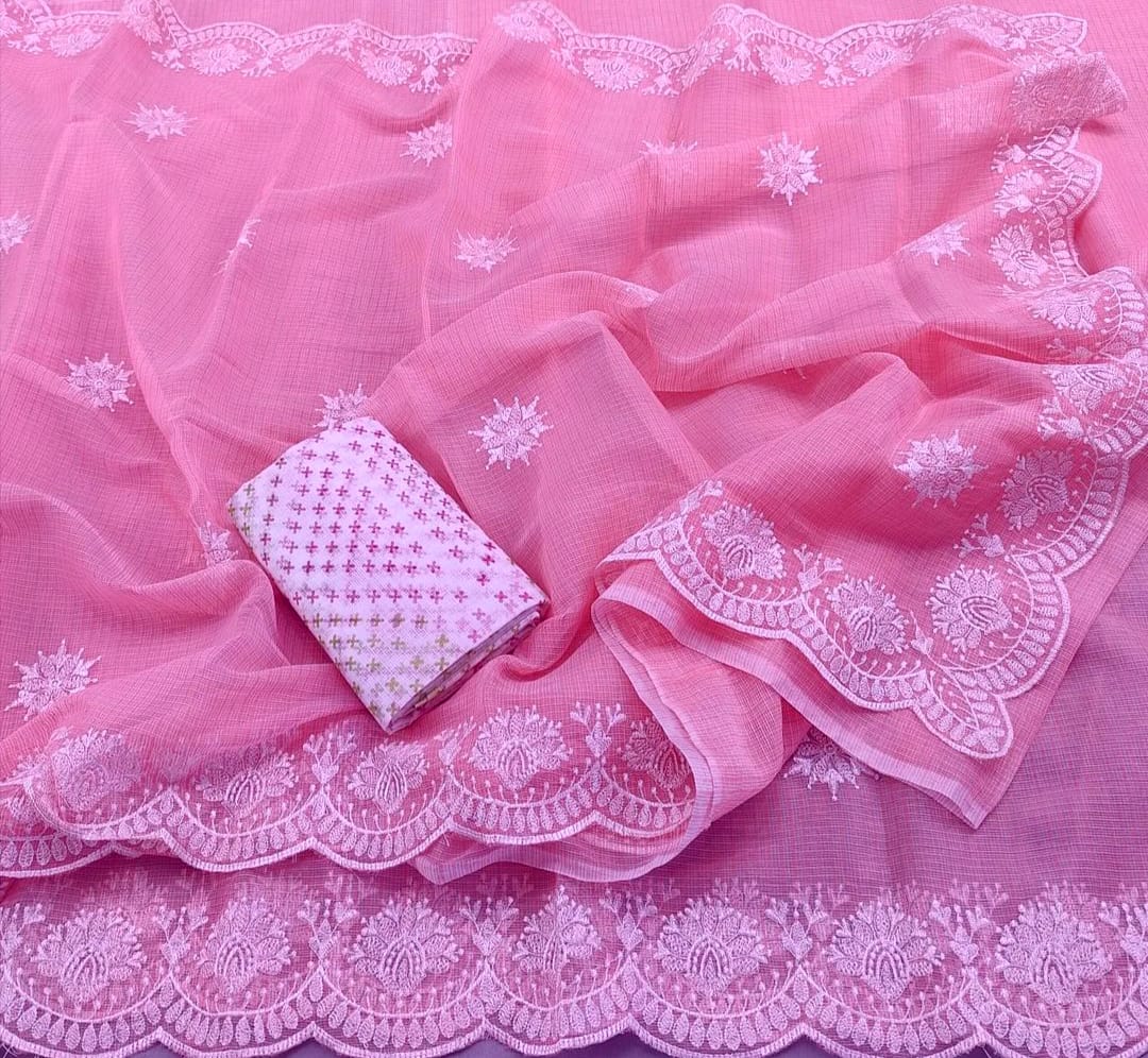 Kota Doria Embrodiery Work Saree With Blouse