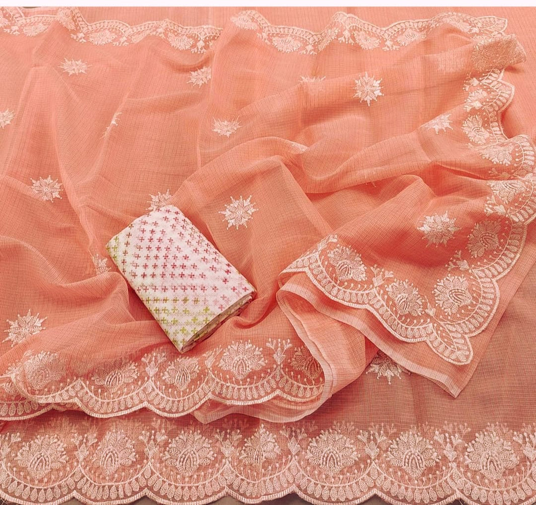 Women's Kota Doria Cotton Peach Printed Designer Saree With Blouse Piece