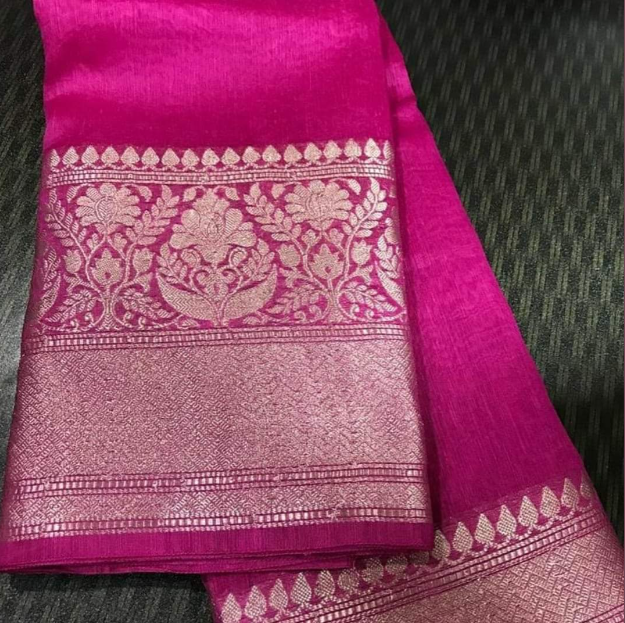 Pure Banarasi Linen Silk Border Saree With Blouse