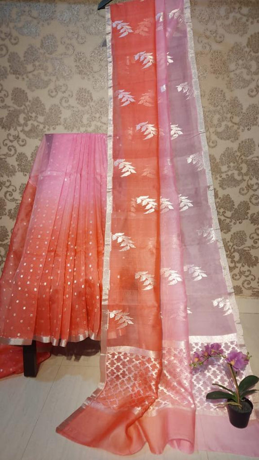 Banarsi Kora Organza Silk saree. With Neem Leaf Dyble & Silver Zari( length- 6.3 meter )