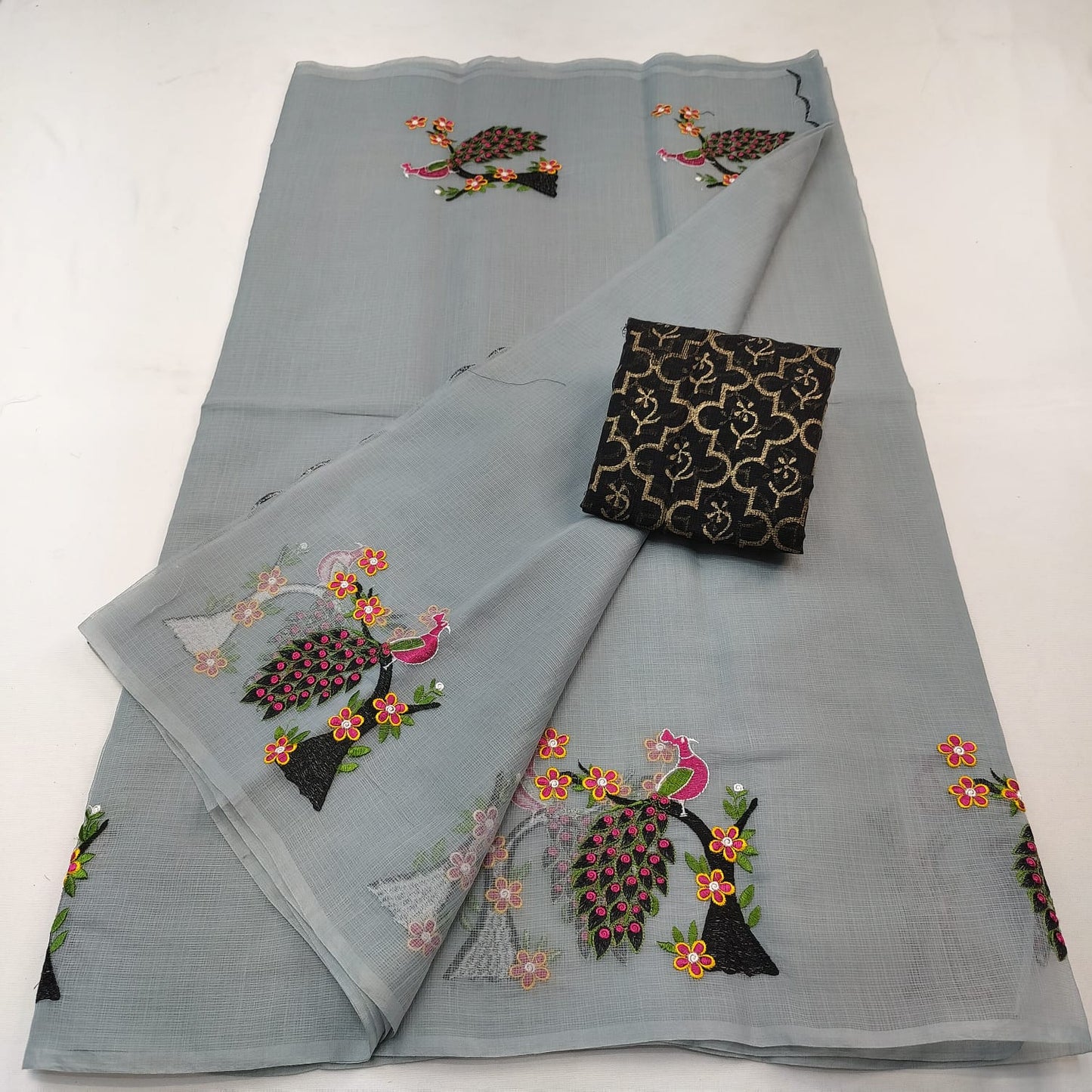 Pure Kota-Doria Saree with Blouse and Embroidery Work