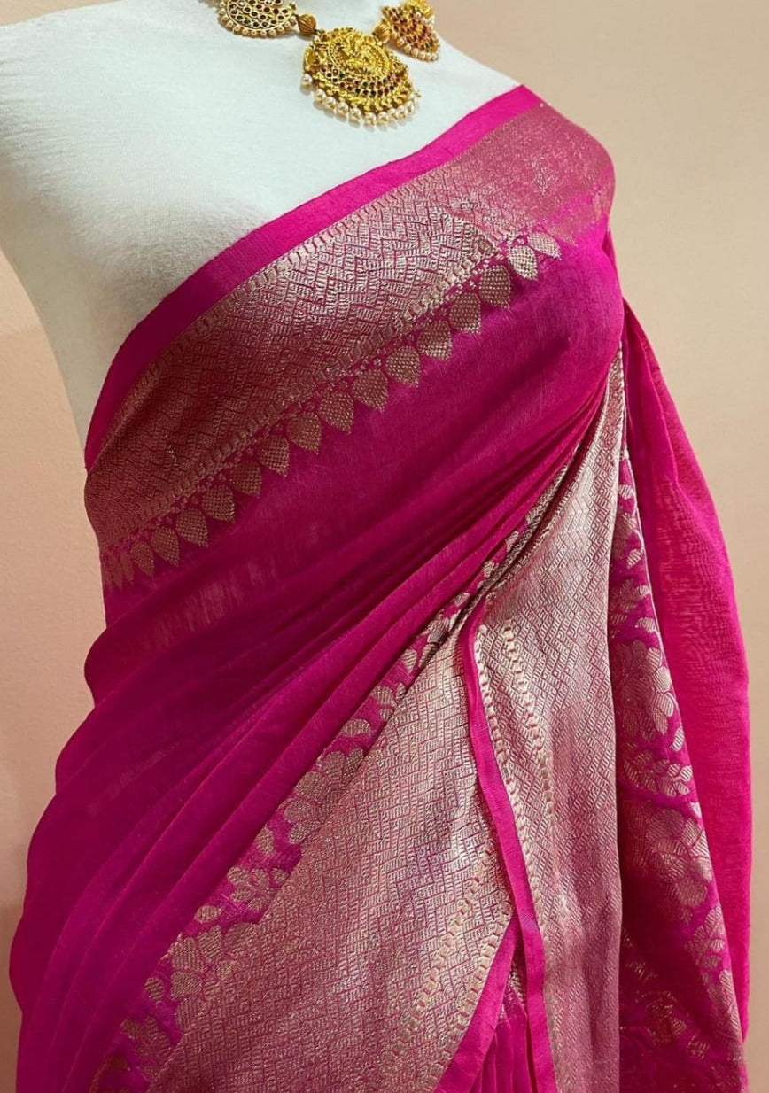 Pure Banarasi Linen Silk Border Saree With Blouse