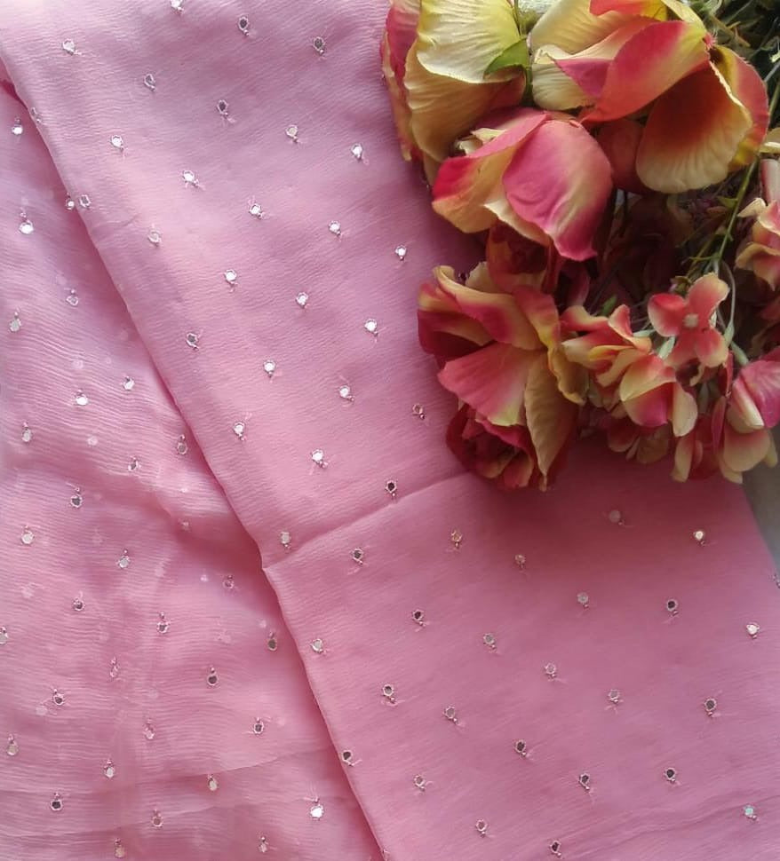 Pure Chiffon Moti Patra Work All over Saree With Running Blouse.