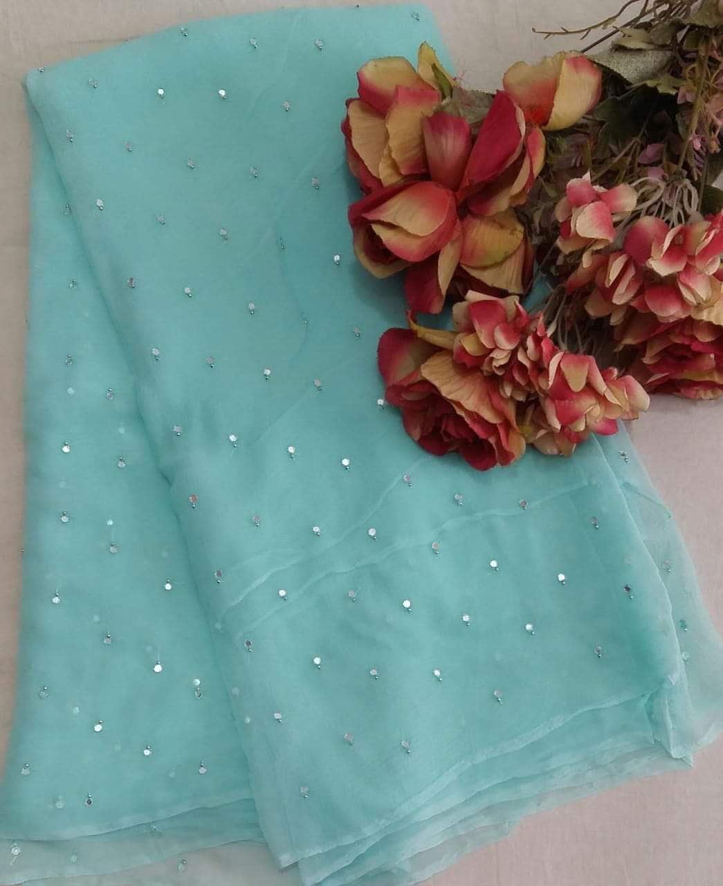 Pure Chiffon Moti Patra Work All over Saree With Running Blouse.