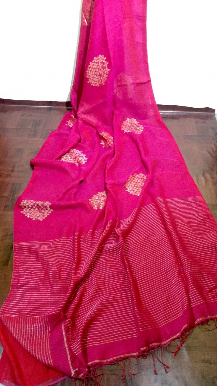 Pure Jamdani linen by linen yarn made saree with hand weaving design and running Blouse