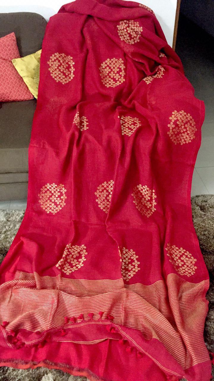 Pure Jamdani linen by linen yarn made saree with hand weaving design and running Blouse