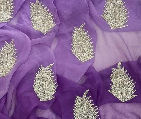 Purple color Leaf motif design pure jaipuri Chiffon Saree