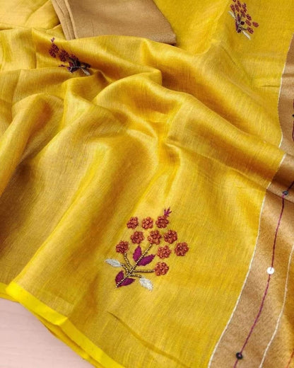 Pure Tissue Linen Saree with Hand Work Embroidery.