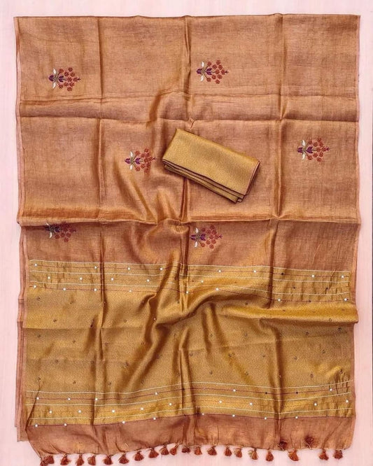 Pure Tissue Linen Saree with Hand Work Embroidery.