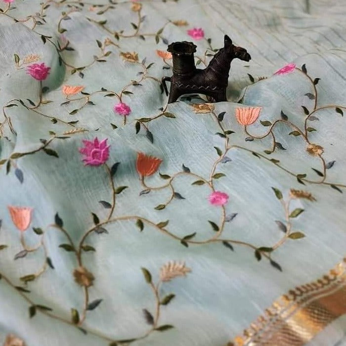 Pure Kota Linen Silk Hand Embroidery Work Saree With Blouse.