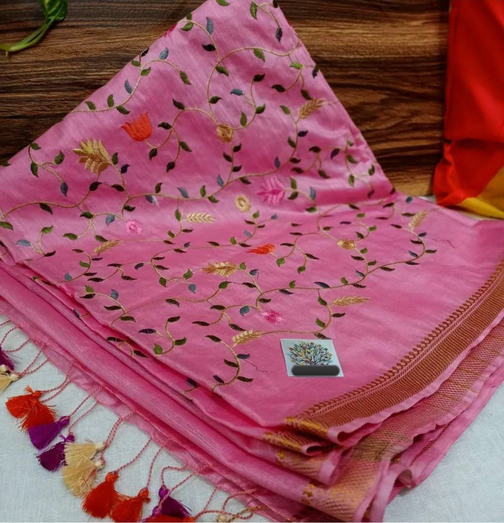 Pure Kota Linen Silk Hand Embroidery Work Saree With Blouse.