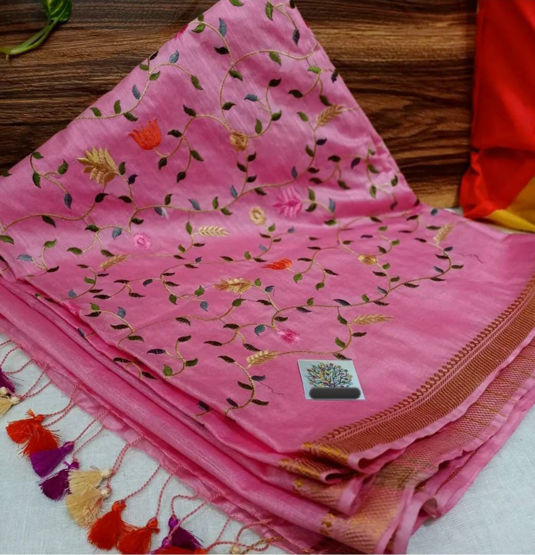 Pure Kota Linen Silk Hand Embroidery Work Saree With Blouse.