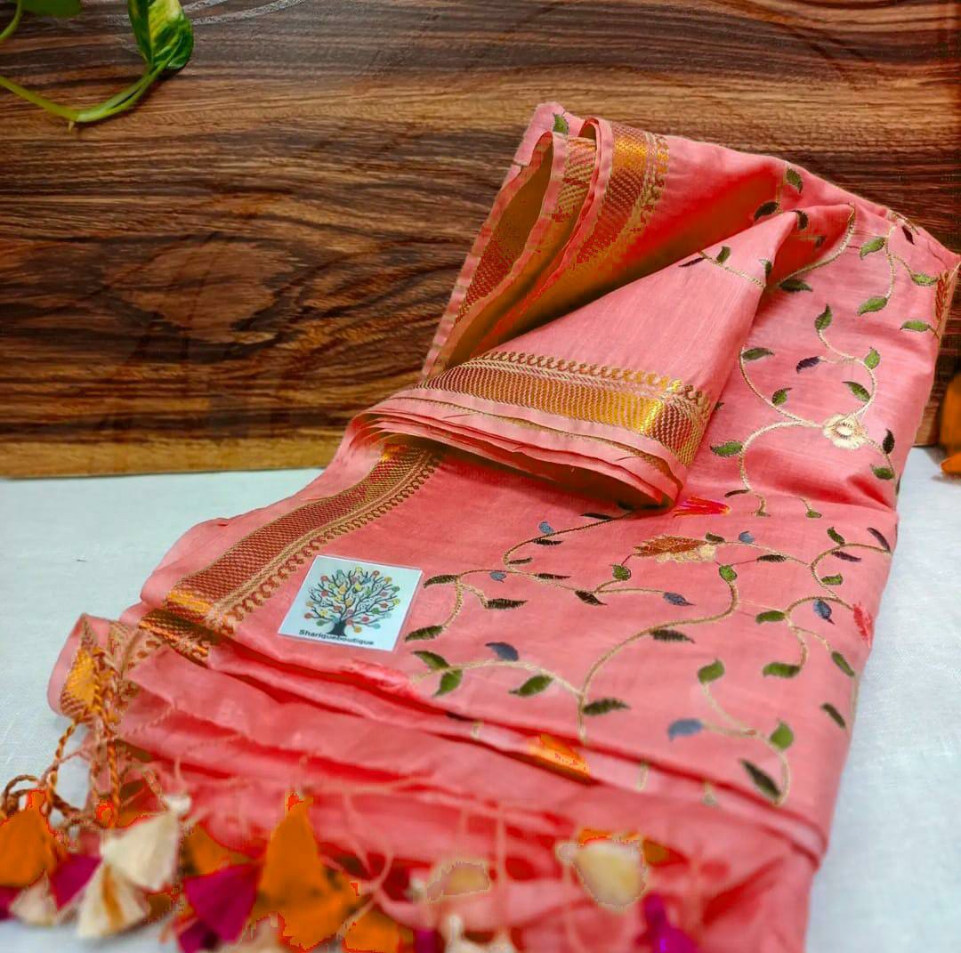 Pure Kota Linen Silk Hand Embroidery Work Saree With Blouse.