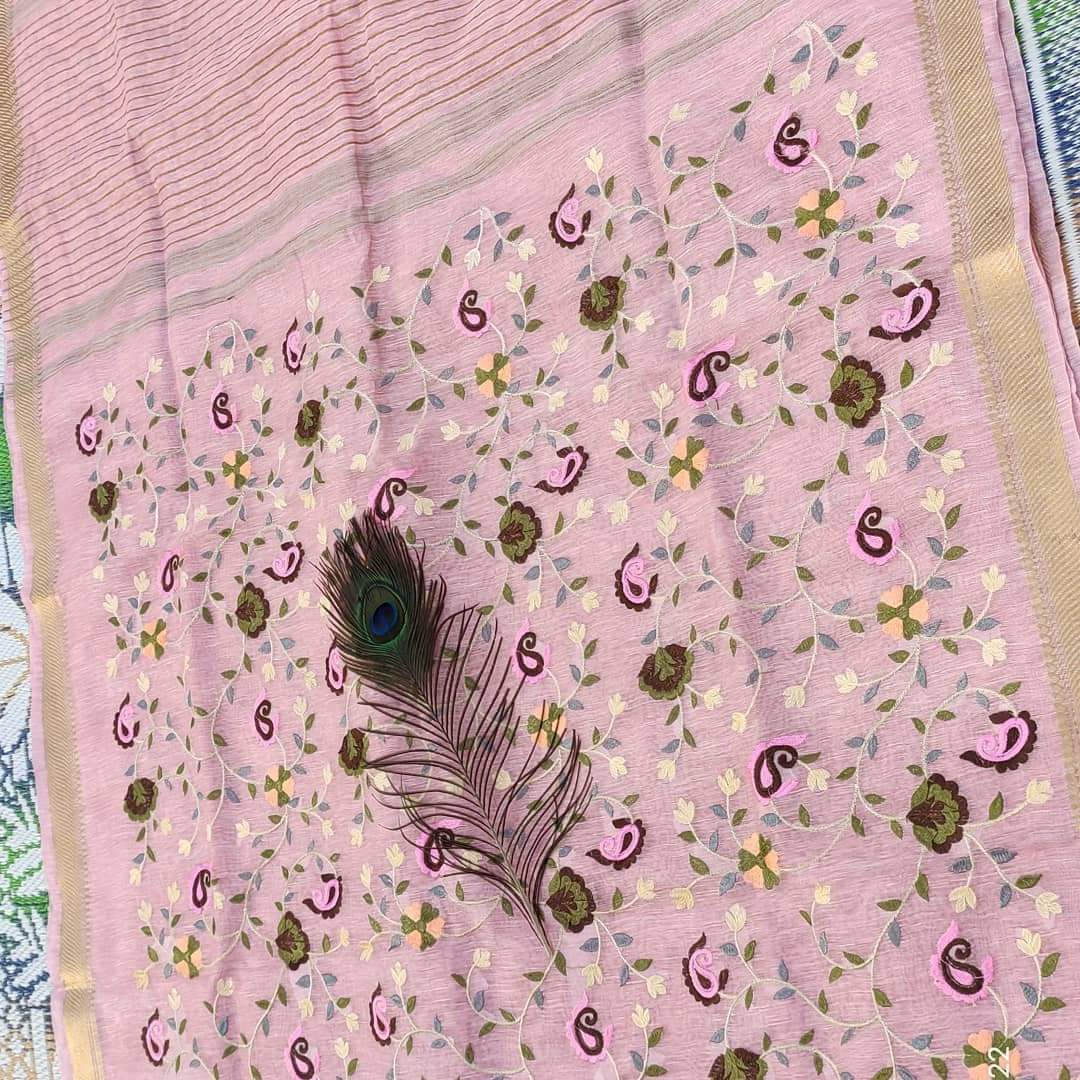 Pure Kota Linen Silk Hand Embroidery Work Saree With Blouse.