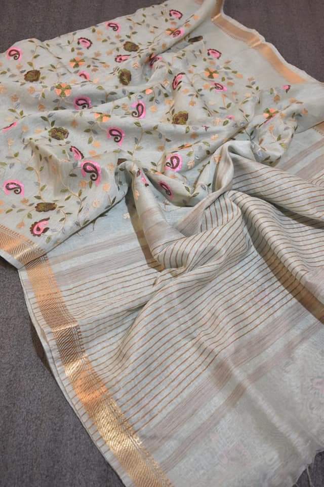 Pure Kota Linen Silk Hand Embroidery Work Saree With Blouse.