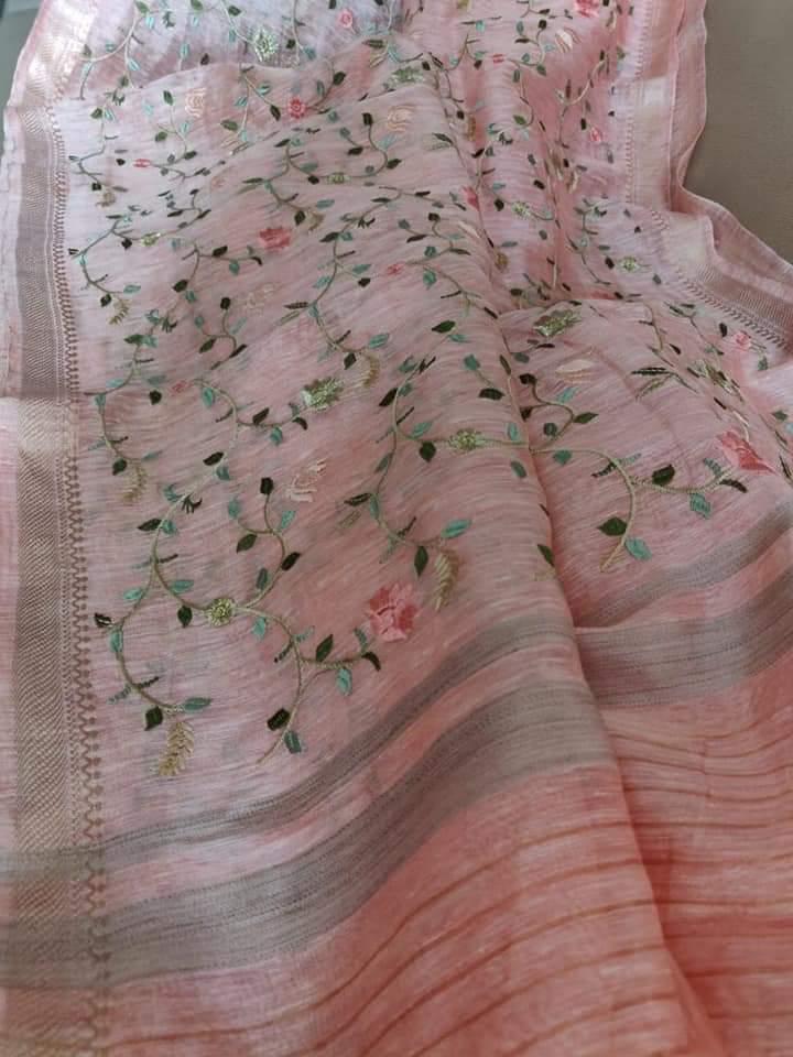 Pure Kota Linen Silk Hand Embroidery Work Saree With Blouse.