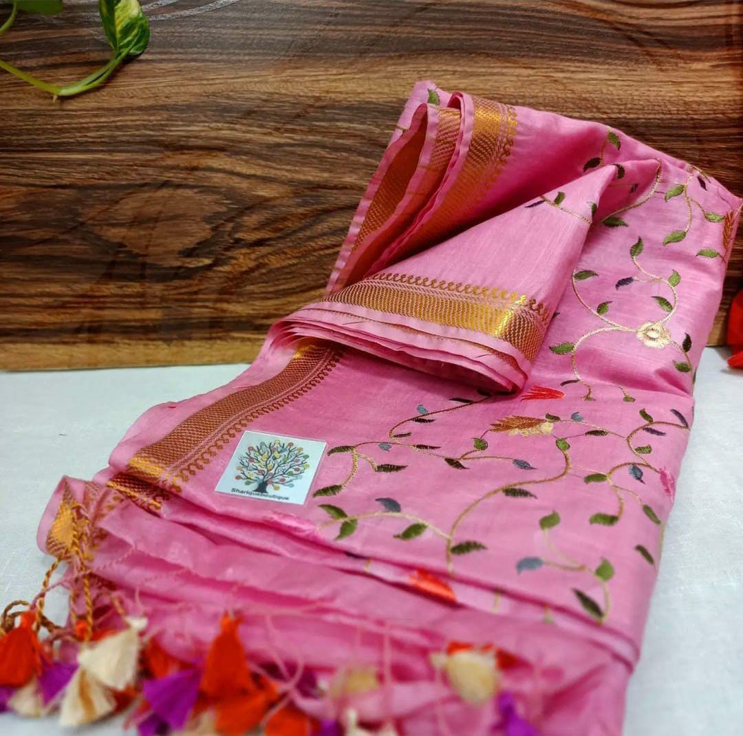 Pure Kota Linen Silk Hand Embroidery Work Saree With Blouse.