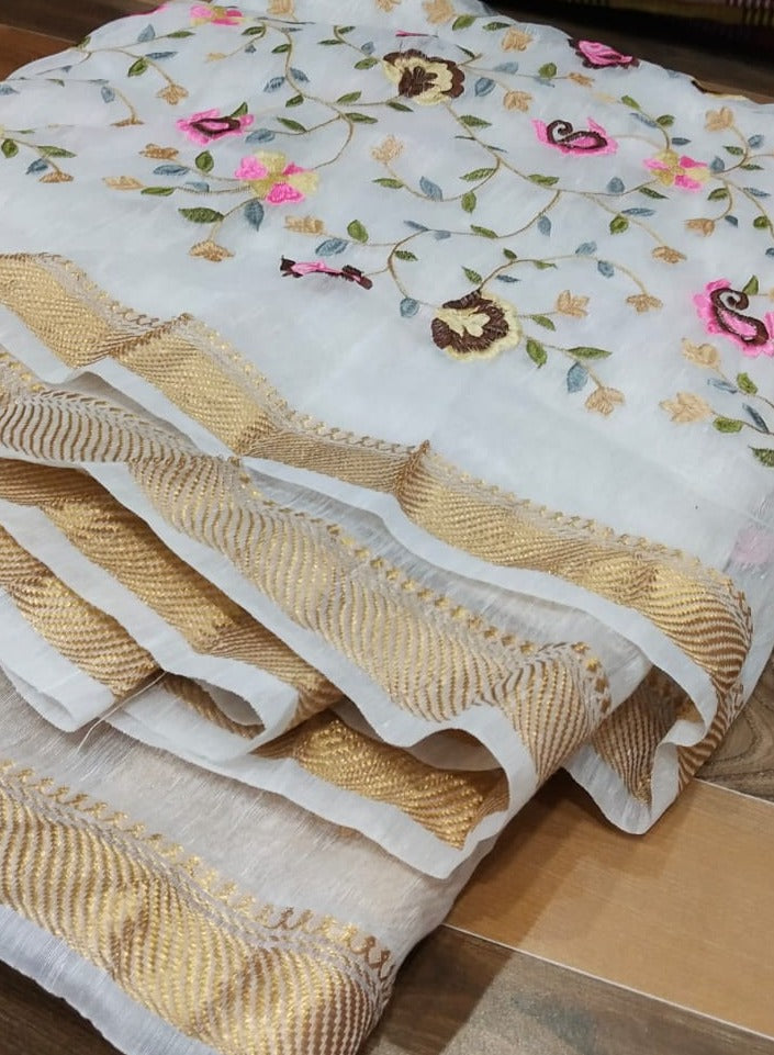 Pure Kota Linen Silk Hand Embroidery Work Saree With Blouse.