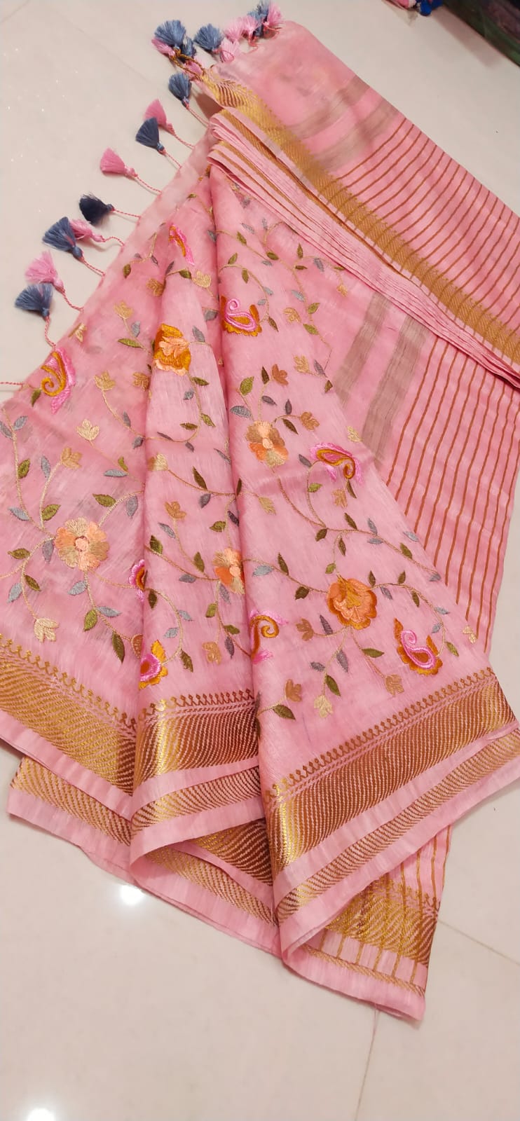 Pure Kota Linen Silk Hand Embroidery Work Saree With Blouse.