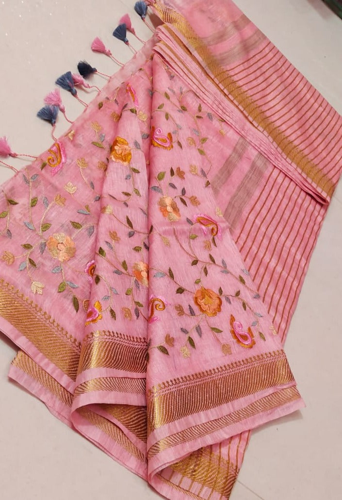 Pure Kota Linen Silk Hand Embroidery Work Saree With Blouse.