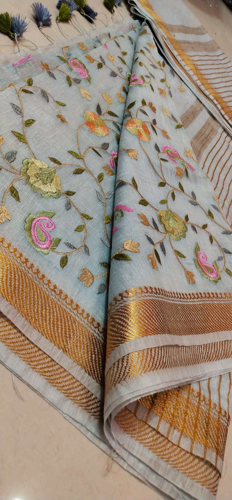 Pure Kota Linen Silk Hand Embroidery Work Saree With Blouse.