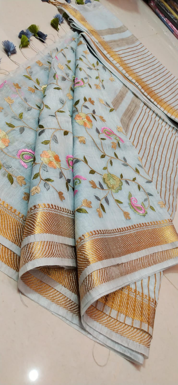 Pure Kota Linen Silk Hand Embroidery Work Saree With Blouse.