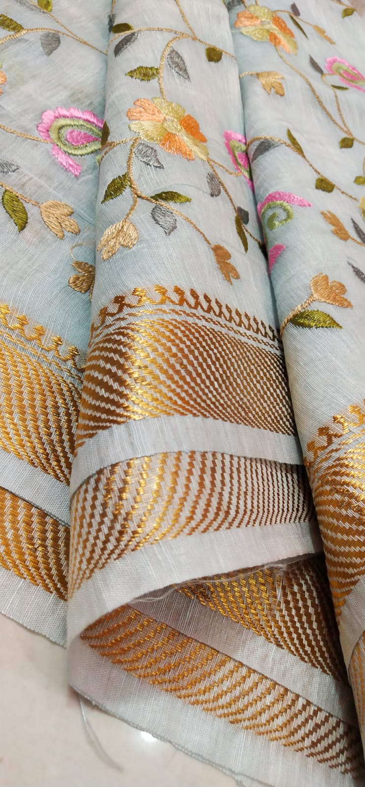 Pure Kota Linen Silk Hand Embroidery Work Saree With Blouse.