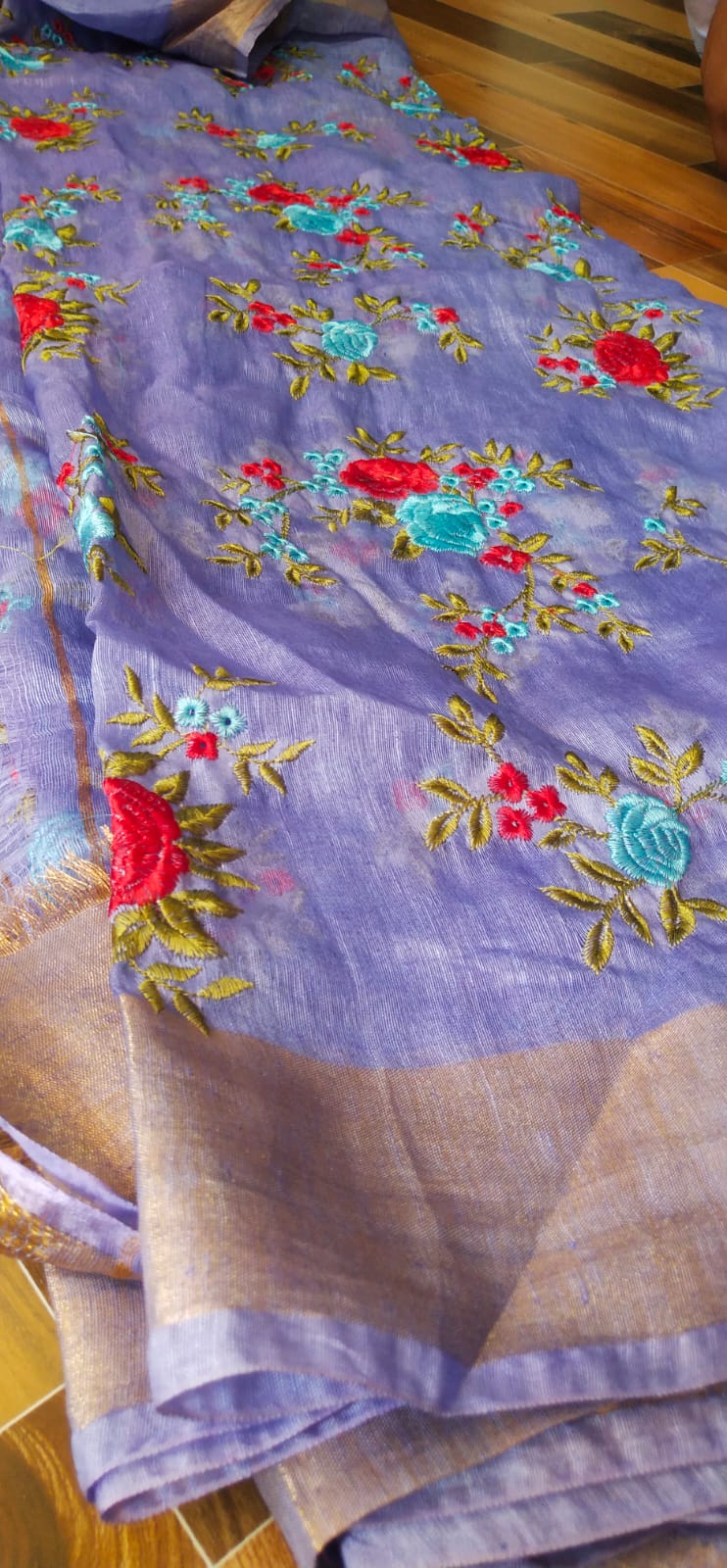 Pure Linen Silk Hand Embroidery Work Saree With Blouse.