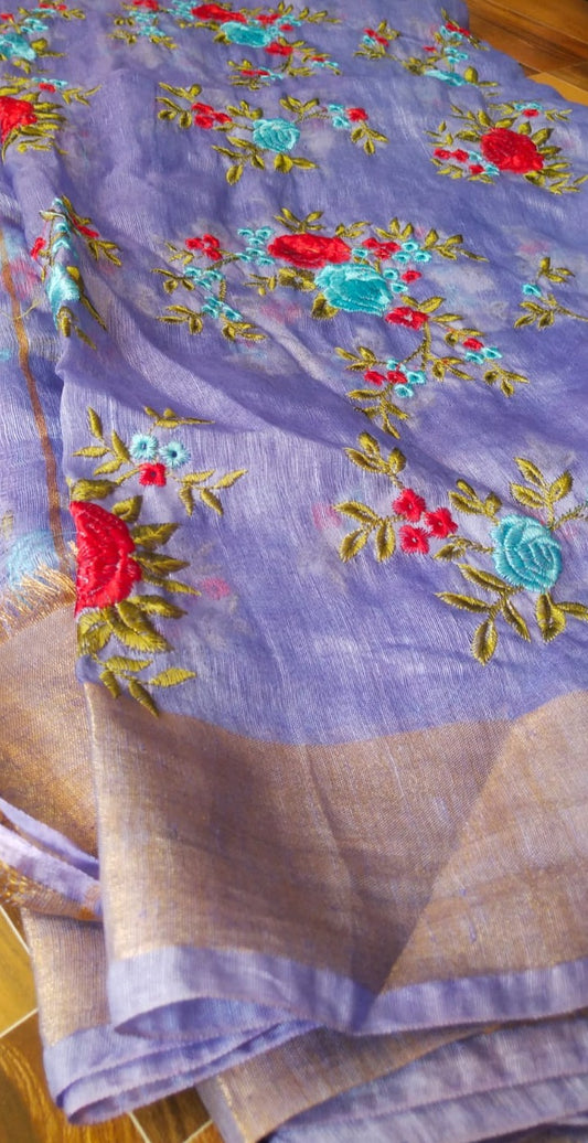 Pure Linen Silk Hand Embroidery Work Saree With Blouse.