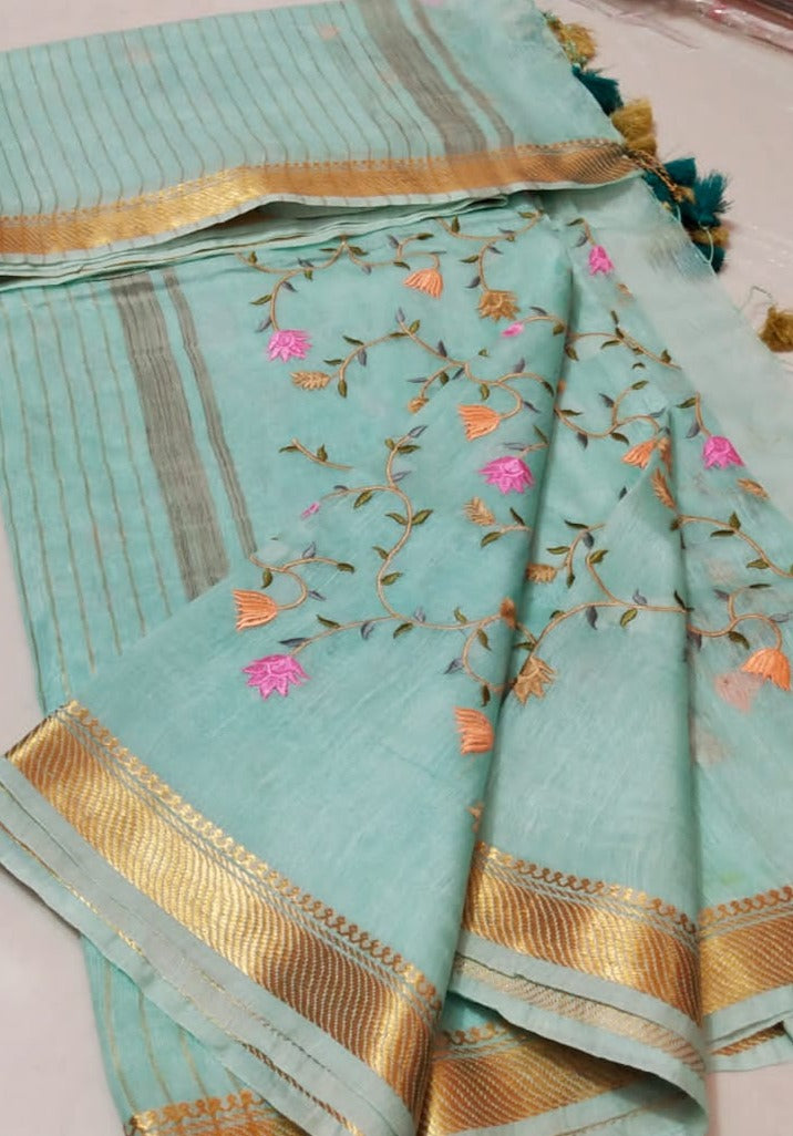 Pure Kota Linen Silk Hand Embroidery Work Saree With Blouse.