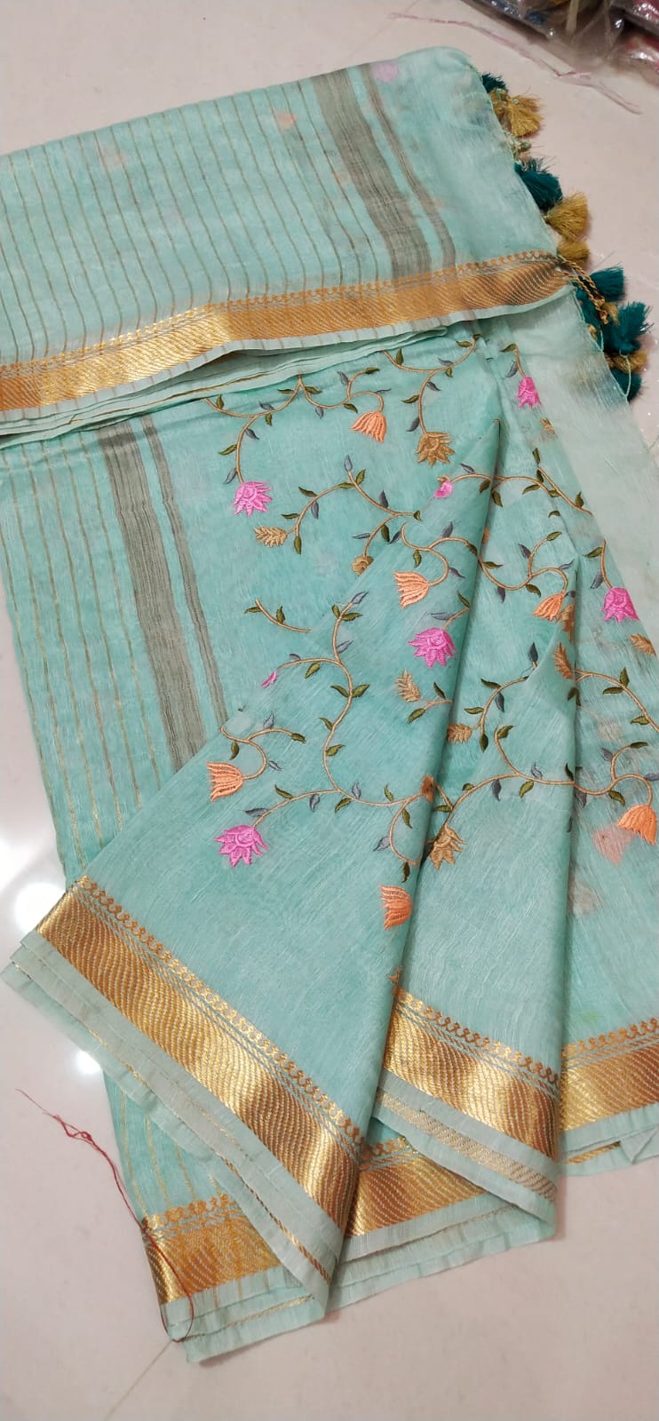 Pure Kota Linen Silk Hand Embroidery Work Saree With Blouse.