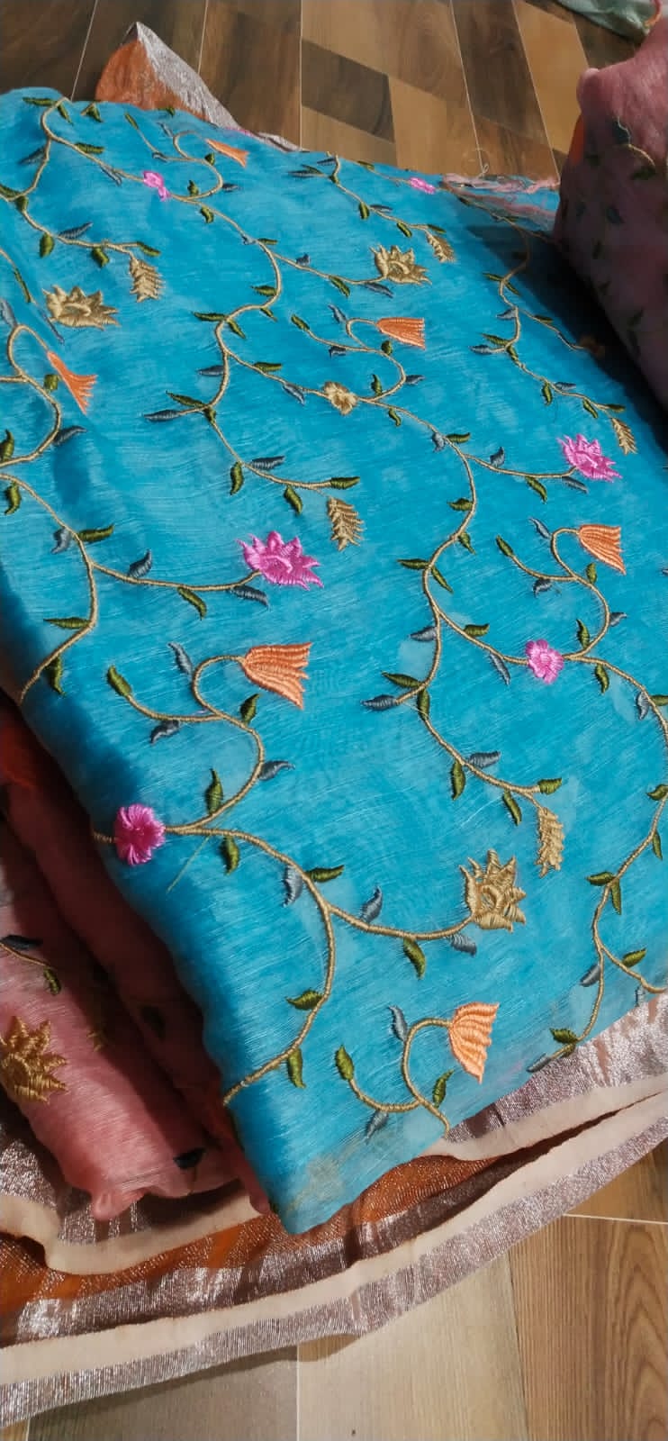 Pure Kota Linen Silk Hand Embroidery Work Saree With Blouse.