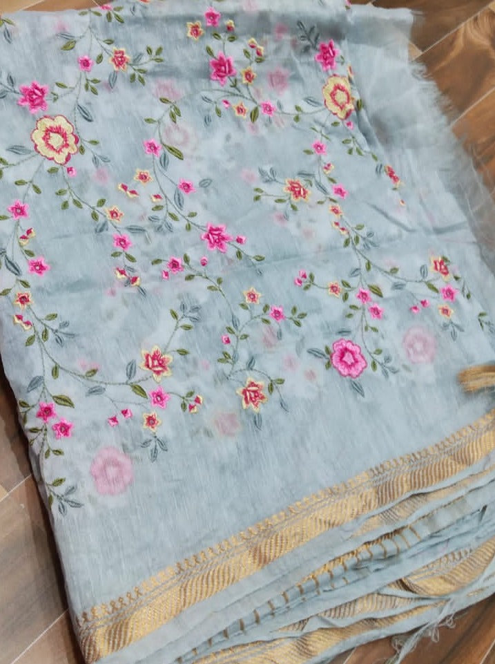 Pure Kota Linen Silk Hand Embroidery Work Saree With Blouse.