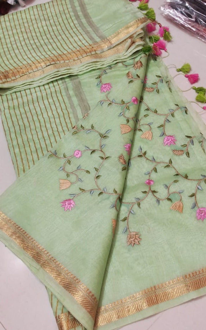 Pure Kota Linen Silk Hand Embroidery Work Saree With Blouse.