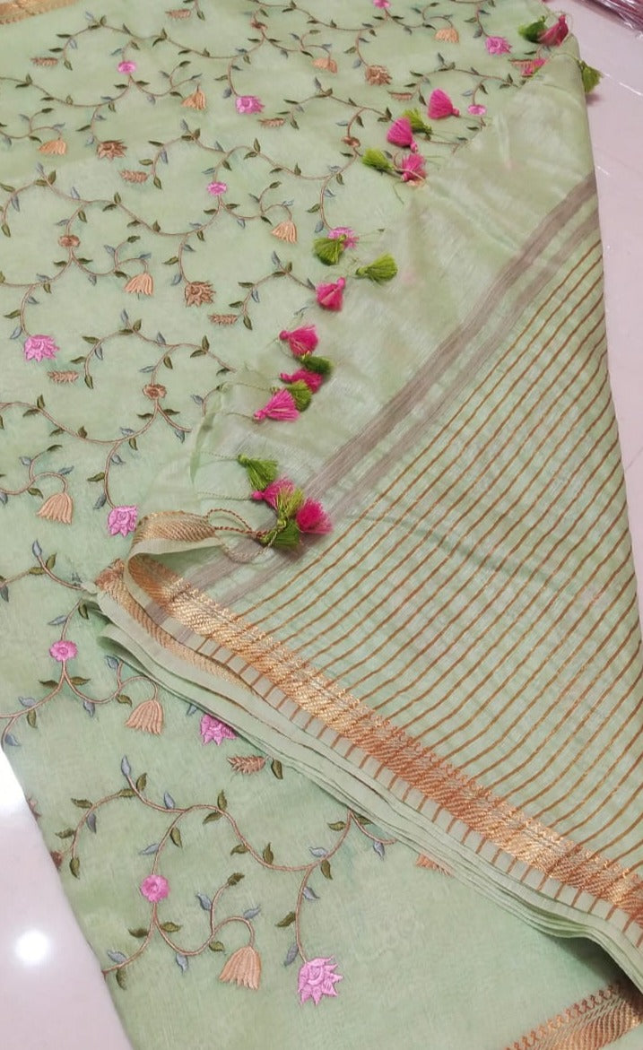 Pure Kota Linen Silk Hand Embroidery Work Saree With Blouse.