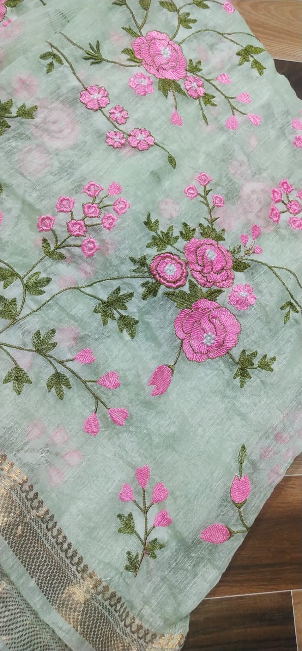 Pure Kota Linen Silk Hand Embroidery Work Saree With Blouse.