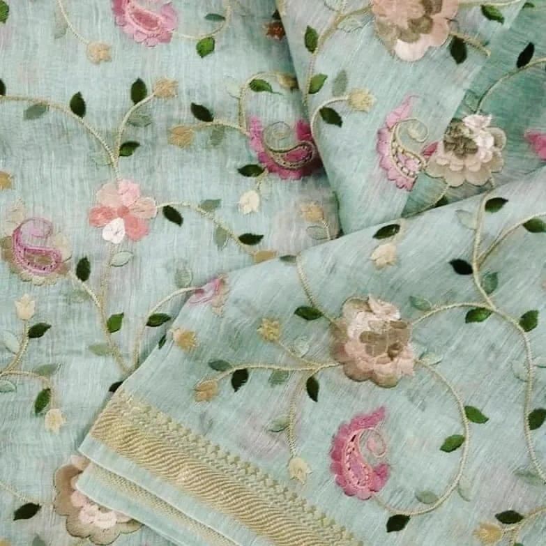 Pure Kota Linen Silk Hand Embroidery Work Saree With Blouse.