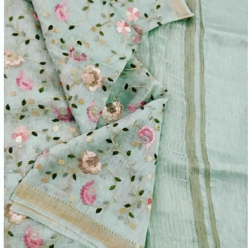 Pure Kota Linen Silk Hand Embroidery Work Saree With Blouse.