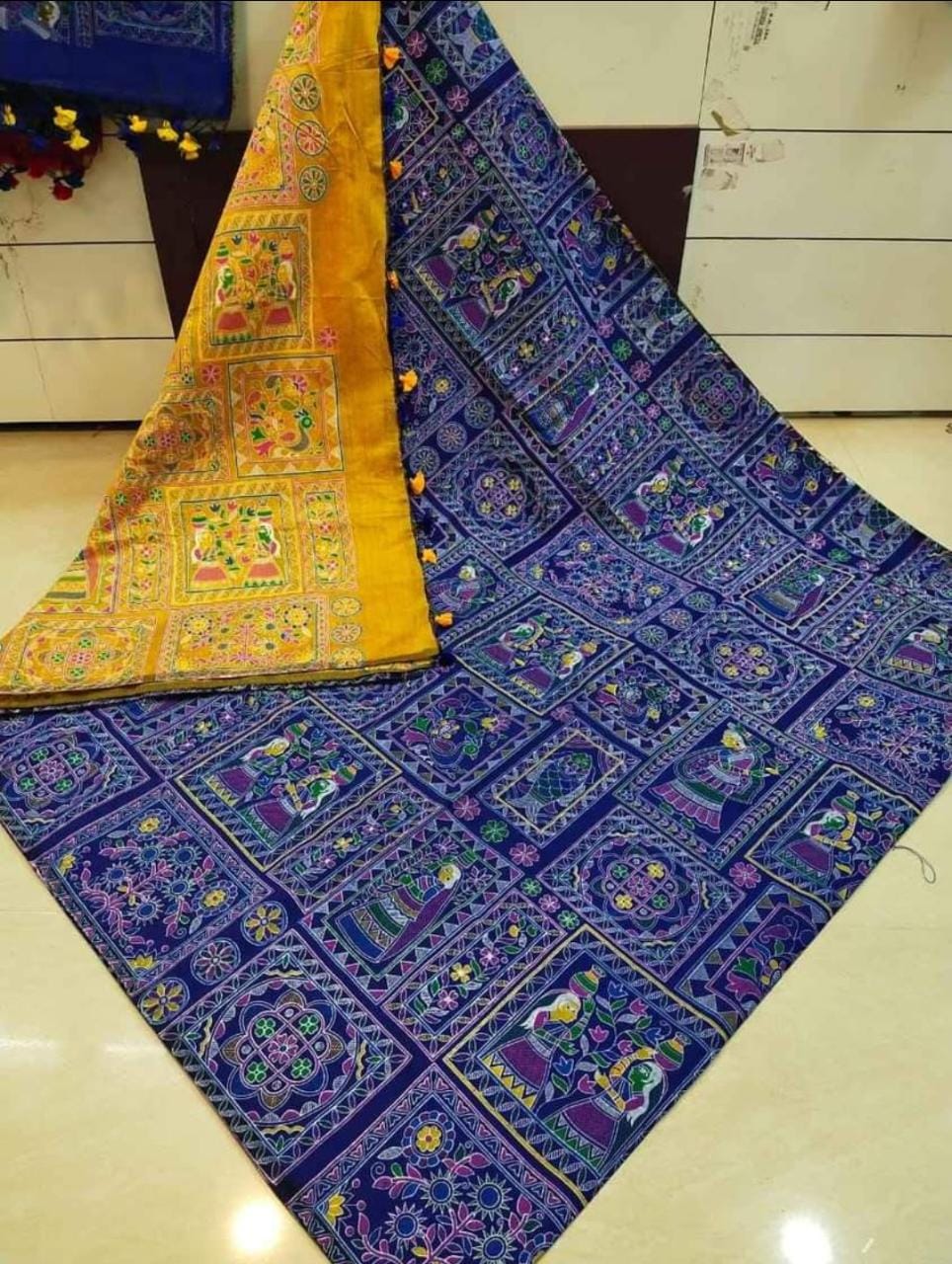 Madhubani Pure Cotton Silk Print Saree With Contrast Blouse .