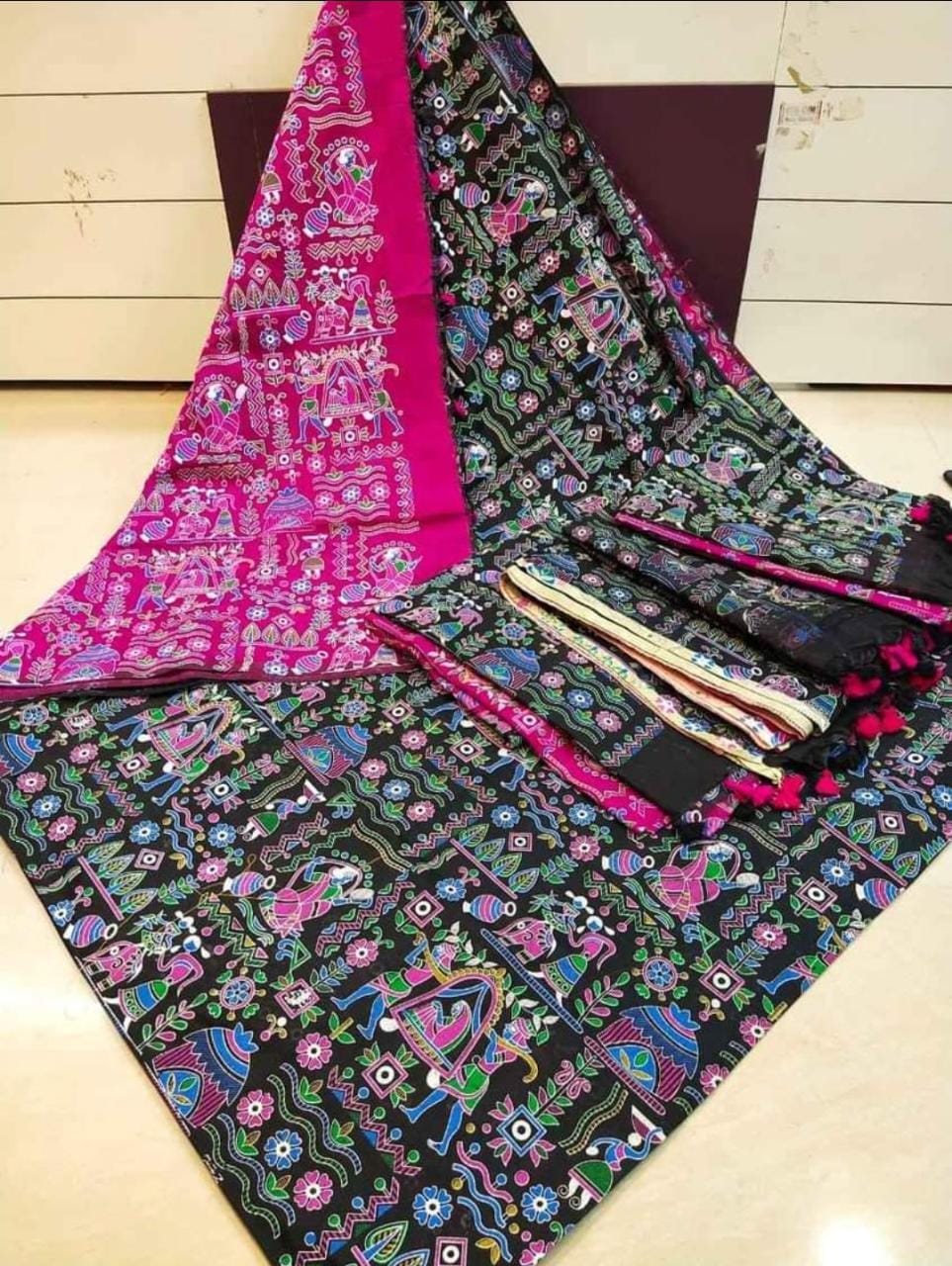 Madhubani Pure Cotton Silk Print Saree With Contrast Blouse .